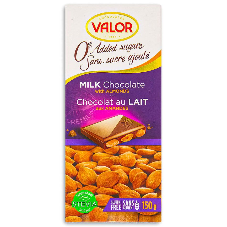 Valor Milk Chocolate with Almonds Sugar Free 150 g front, Valor chocolate, spanish chocolate, milk chocolate, spanish milk chocolate, almond chocolate, chocolate almond, almond milk chocolate