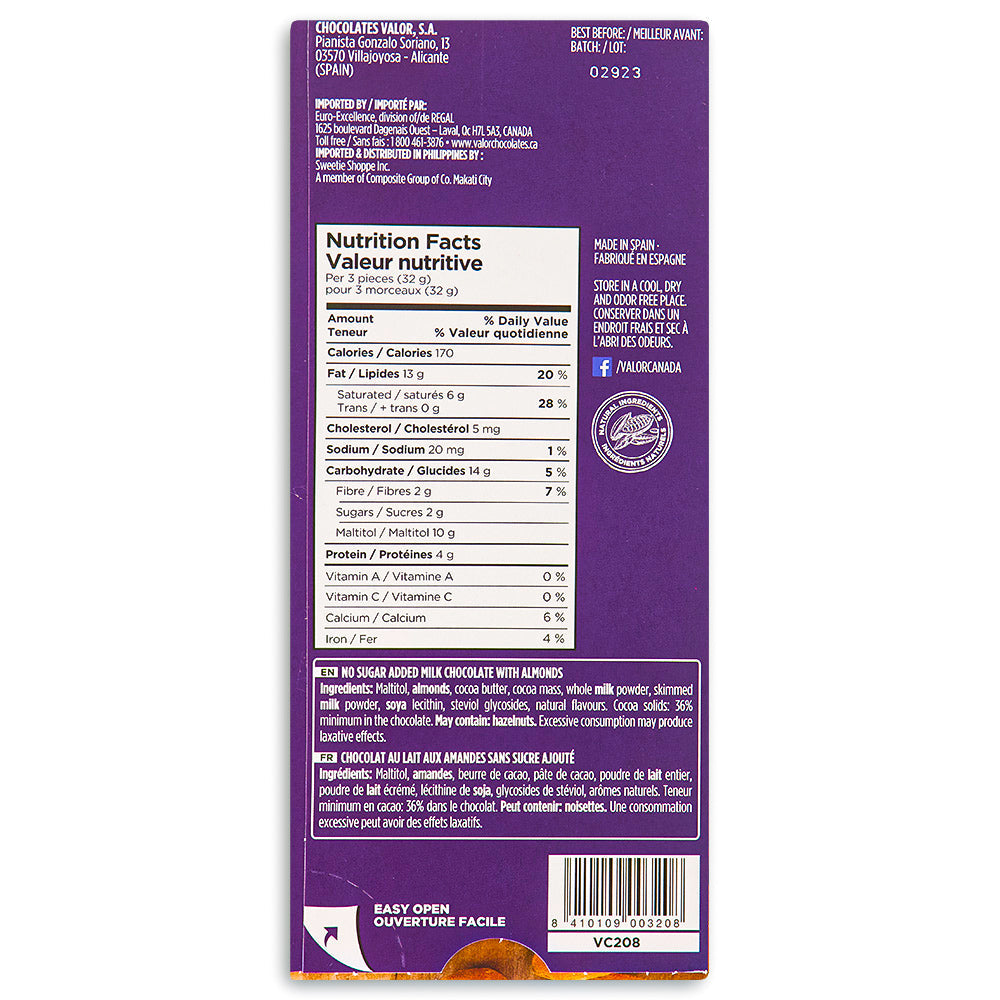 Valor Milk Chocolate with Almonds Sugar Free 150 g Back Nutrition Facts Ingredients, Valor chocolate, spanish chocolate, milk chocolate, spanish milk chocolate, almond chocolate, chocolate almond, almond milk chocolate