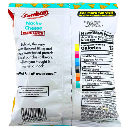 Combos Nacho Cheese - 6.3oz Back Nutrition Facts, combos nacho cheese, combos snacks, savory snacks, salty snacks, pretzel snacks, pretzel snack