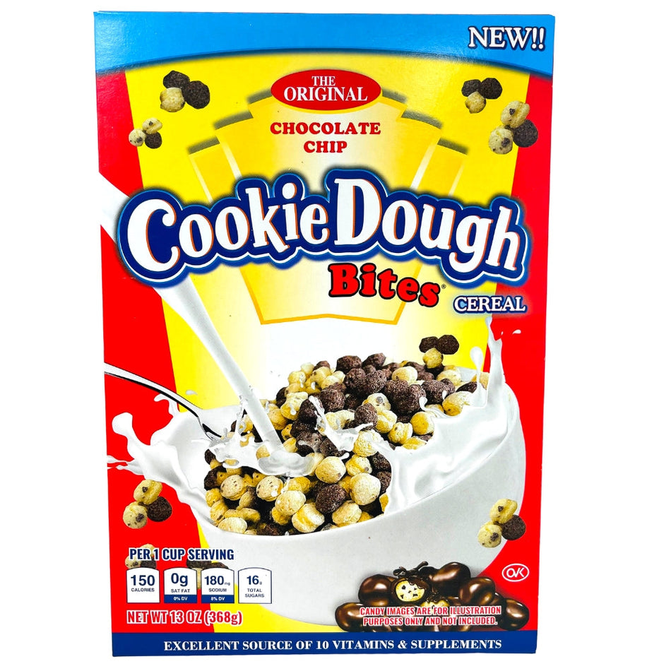 Cookie Dough Bites Chocolate Chip Cereal Front, cookie dough cereal, candy cereal, cookie dough, chocolate chip cookie dough cereal, chocolate chip cookie dough