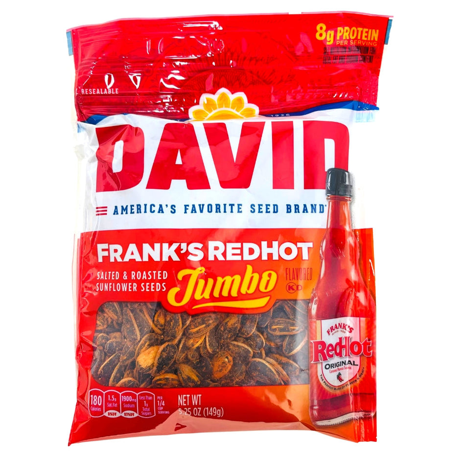 David Jumbo Sunflower Seeds Franks Red Hot 5.25oz, spicy sunflower seeds, davids sunflower seeds, sunflower seeds