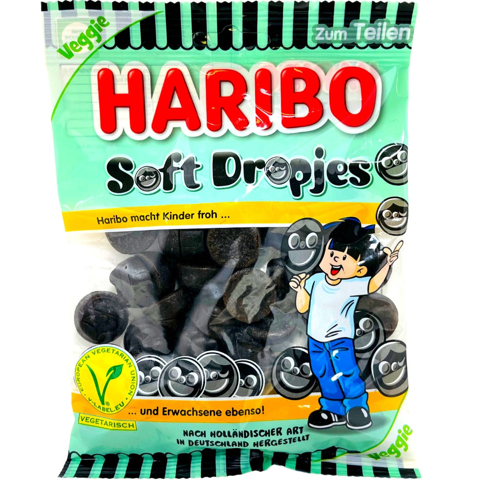Haribo Soft Dropjes Black Licorice Jelly Drops - 175g, Haribo, haribo gummy, haribo gummies, soft gummy, chewy gummies, chewy gummy, german candy, german haribo, haribo candy, black licorice, haribo licorice, haribo black licorice