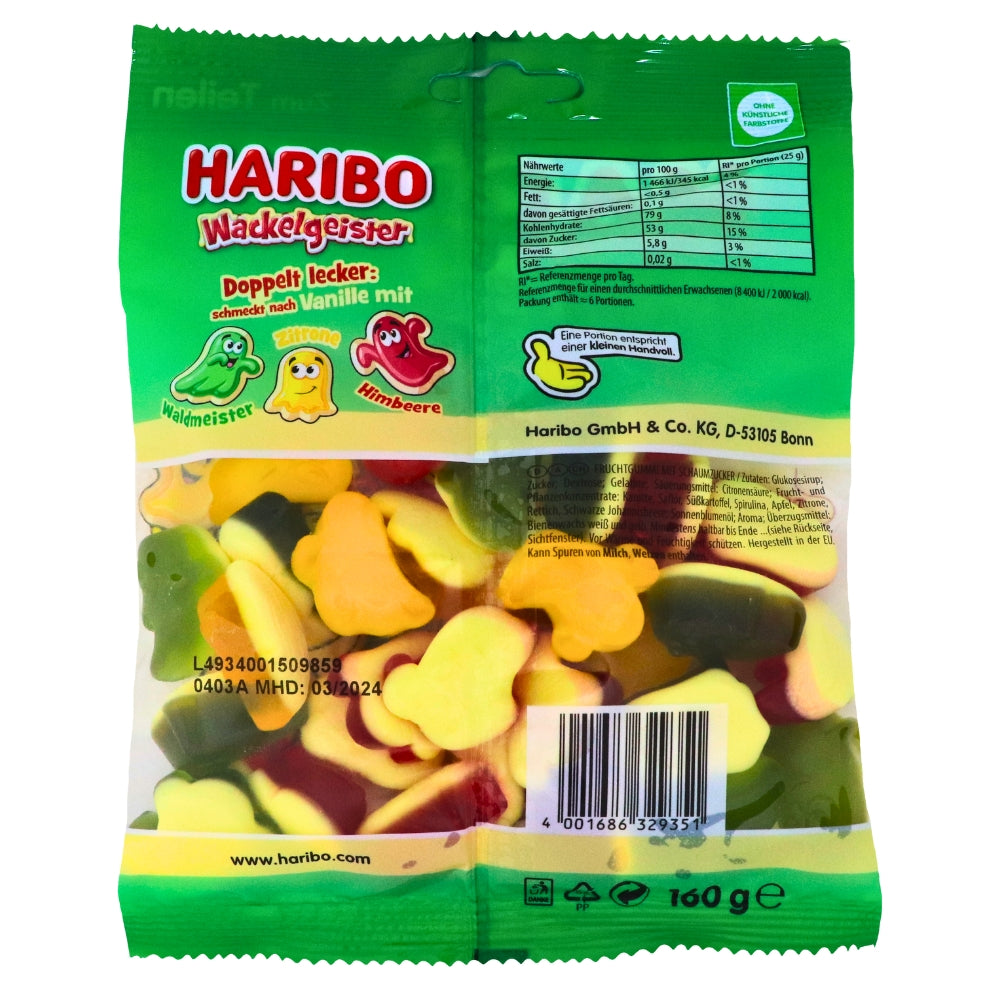 Haribo Wackelgeister (Ghosts) - 16g Nutrition Facts Ingredients, Haribo, haribo gummy, haribo gummies, soft gummy, chewy gummies, chewy gummy, german candy, german haribo, haribo candy, fruit gummies, fruit gummy, halloween candy, halloween gummies, halloween gummy