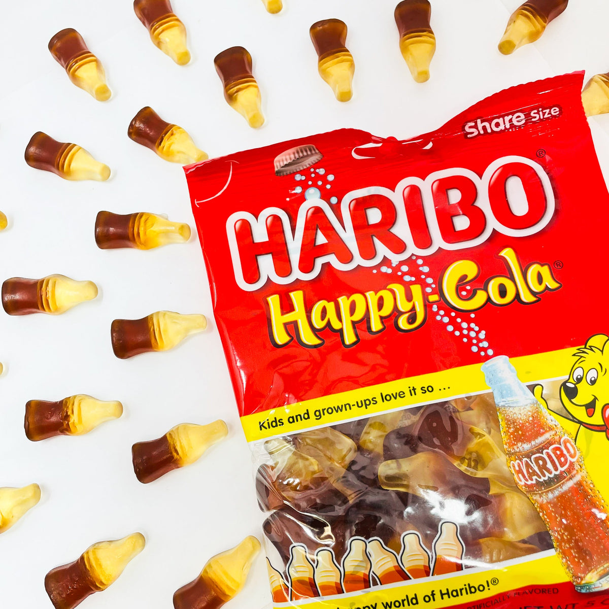 Haribo Happy Cola Gummi Candy-5 oz., Haribo Happy Cola, gummi candy, cola bottle-shaped gummies, sweet and tangy flavors, fizzy delight, refreshing snack, Candy Funhouse