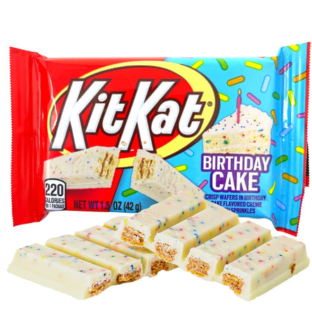 Kit Kat Birthday Cake 42g Open, Kit Kat, Birthday Cake, celebration, whimsical twist, crispy wafers, white chocolate, party, confection, sweetness, festivity, kit kat chocolate, kit kat chocolate bar, kit kat birthday cake, kit kat limited edition