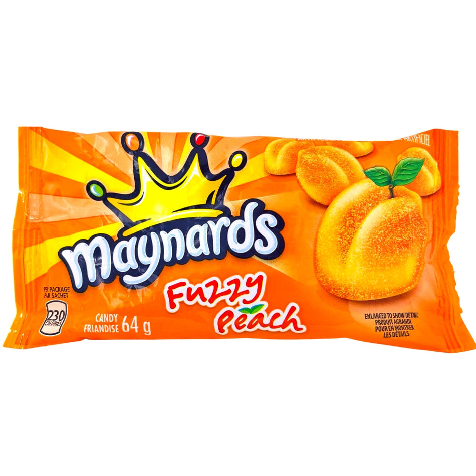Maynards Fuzzy Peach Candy 64g Front, Maynards Fuzzy Peach, Peachy paradise, Fuzz-tastically flavorful, Sweet and fuzzy, Tiny, juicy escape, Sun always shines, Fruity joy, Snack-time sensation, Fuzzy goodness, Peachy party, maynards, maynards candy, maynards fuzzy peach, fuzzy peach