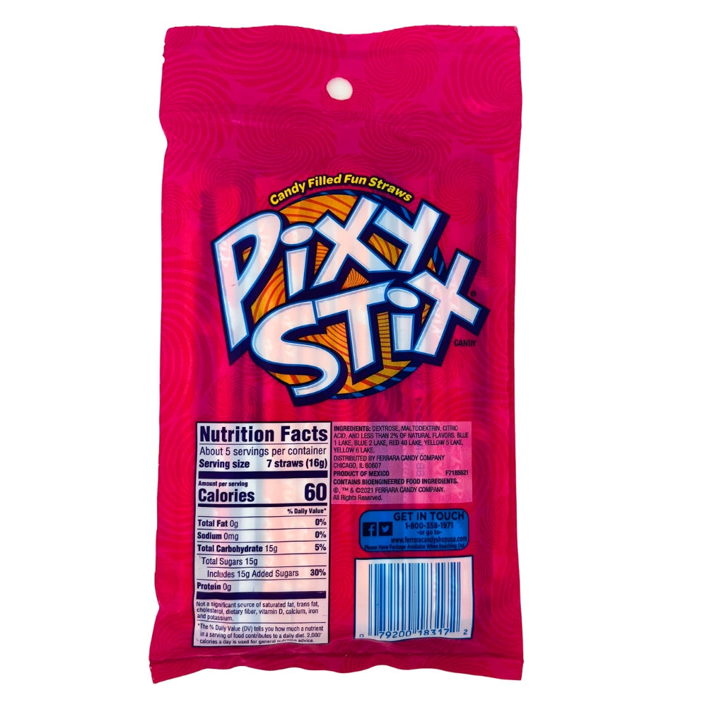 Pixy Stix Peg Bag 3.2oz Back Ingredients Nutrition Facts, Pixy Stix Peg Bag, sugary creativity, fruity flavors, candy straws, artistic touch, jokes, chuckles, candy-powered comedy club, flavor adventure, excitement