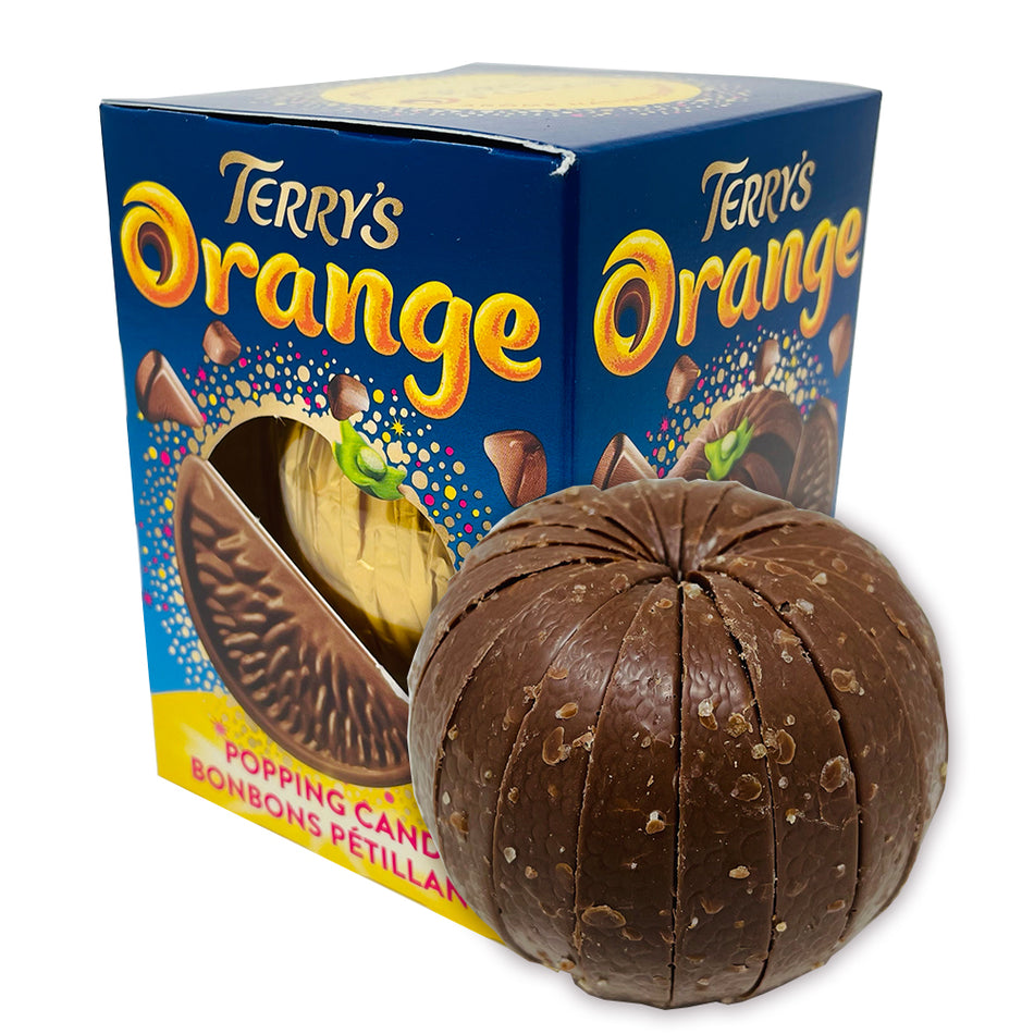 Terry's Chocolate Orange with Popping Candy 147g Opened, terrys chocolate, terry's chocolate, british chocolate, orange chocolate, popping candy