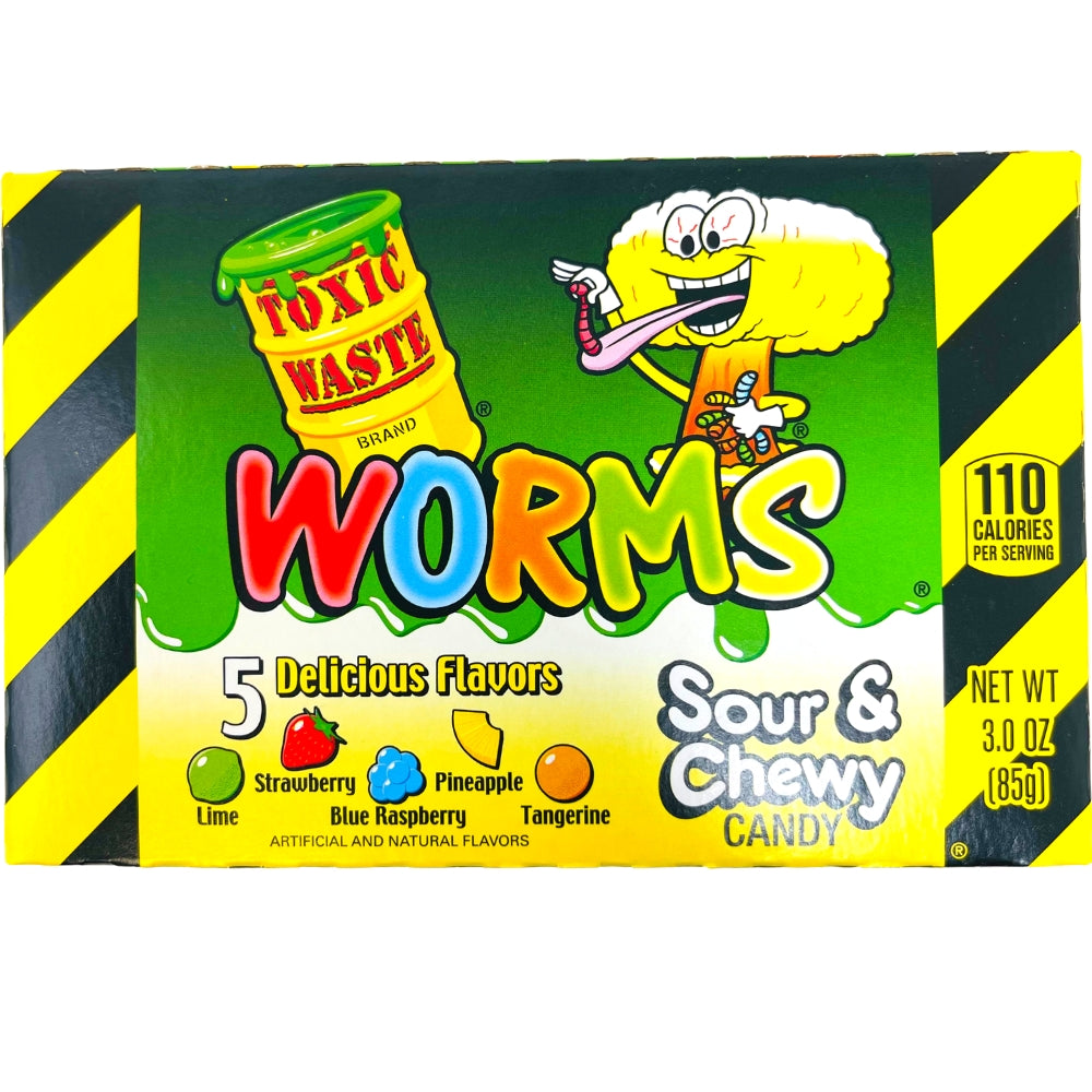 Toxic Waste Sour Worms Theater Box 3oz, Toxic Waste Sour Worms Theater Box, Tangy adventure, Squiggly candies, Intense sourness, Sweet and sour balance, Convenient theater box, Burst of sour fun, Movie night treat, Road trip snack, Craving for more, toxic waste, toxic waste candy, sour candy
