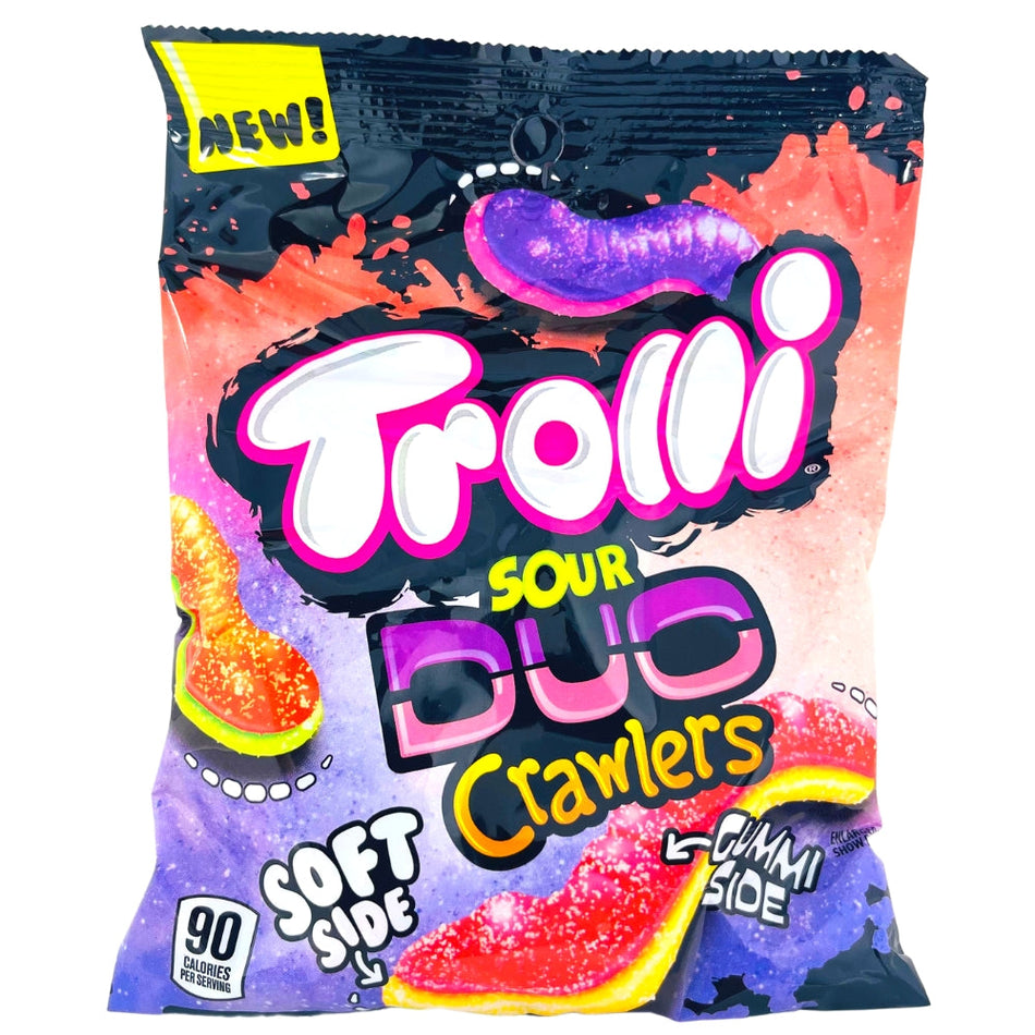 Trolli Duo Crawlers 4.25oz Front, trolli, trolli candy, trolli duo crawlers, sour candy, Trolli Duo Crawlers, Sweet and sour adventure, Whimsical gummy sensations, Dual-flavor combo, Tangy and zesty flavors, Surprise taste experience, Squishy and chewy goodness, Flavor-packed adventure, Gummy candy delight