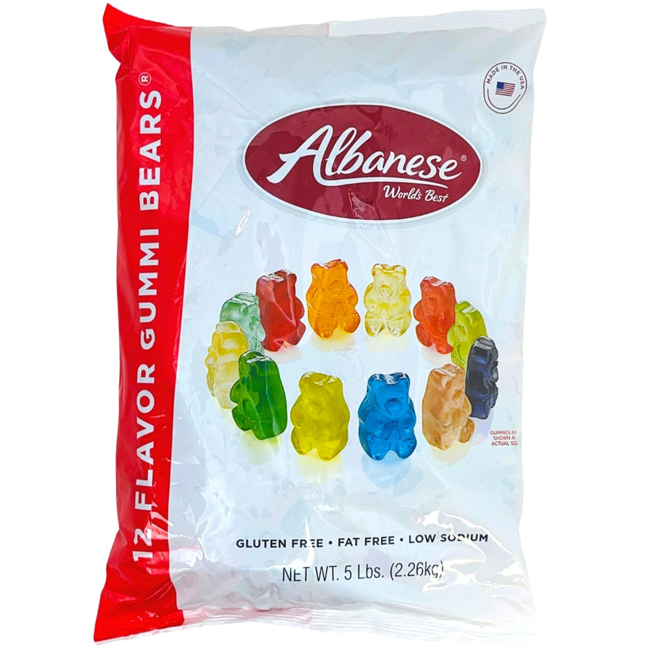 Albanese Gummi Bears Assorted 12 Flavors USA Front, gummy bears, colorful gummy bears, chewy gummy bears, soft gummies, soft gummy bears