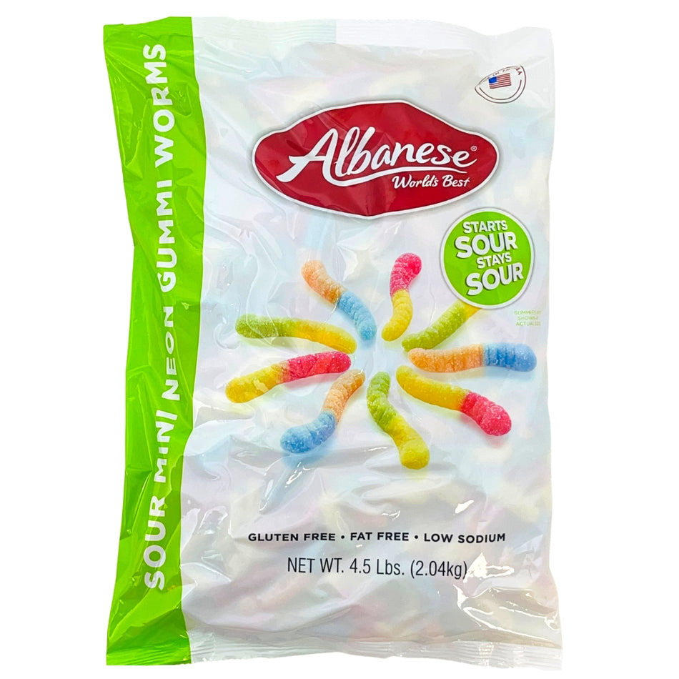 Albanese Sour Mini Neon Gummi Worms USA Front 4.5lb, soft gummies, albanese sour gummies, sour gummies, gummy worms, sour gummy worms