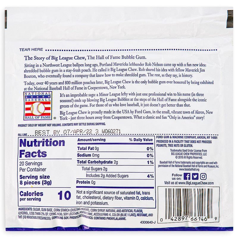 Big League Chew - Bubble Gum - Big Rally Blue Raspberry 2.12oz - Baseball Gum - Candy Funhouse - Ingredients - Nutrition Facts