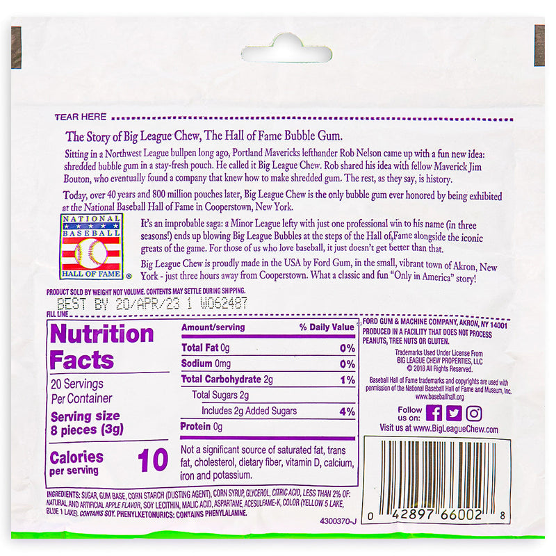 Big League Chew - Bubble Gum - Swingin Sour Apple - Baseball Gum - Candy Funhouse - Nutrition Facts - Ingredients