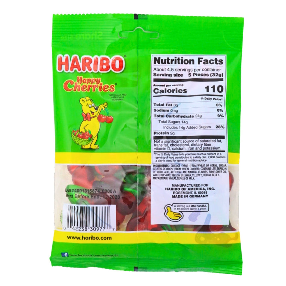 Haribo Happy Cherries Gummi Candy 5oz Back Nutrition Facts Ingredients, Haribo Happy Cherries, gummi candy, cherry-shaped gummies, vibrant cherry flavor, cheerful reminder, fruity delight, irresistible taste, sharing happiness, cherry-flavored happiness, Candy Funhouse