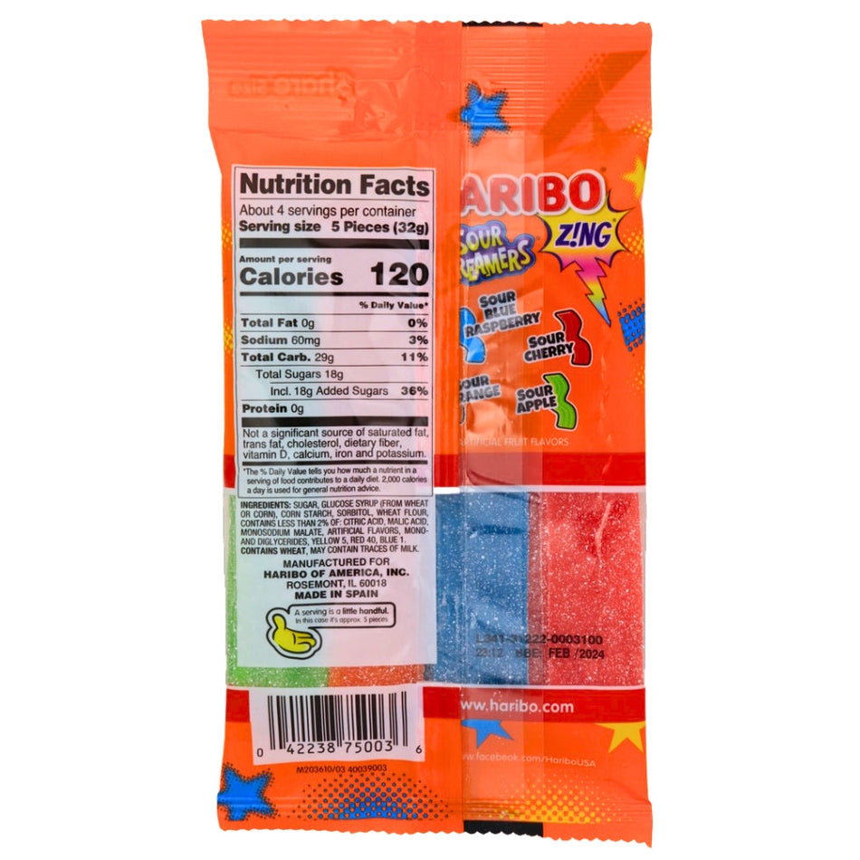 Haribo Zing Sour Streamers 4.5 oz. Back Ingredients Nutrition Facts, Haribo Zing Sour Streamers, sour candy, fruity goodness, chewy candy, flavor-packed fun, haribo, haribo gummy, haribo gummies, german candy, sour gummy, sour gummies, german gummies, gummies, gummy candy, best gummies