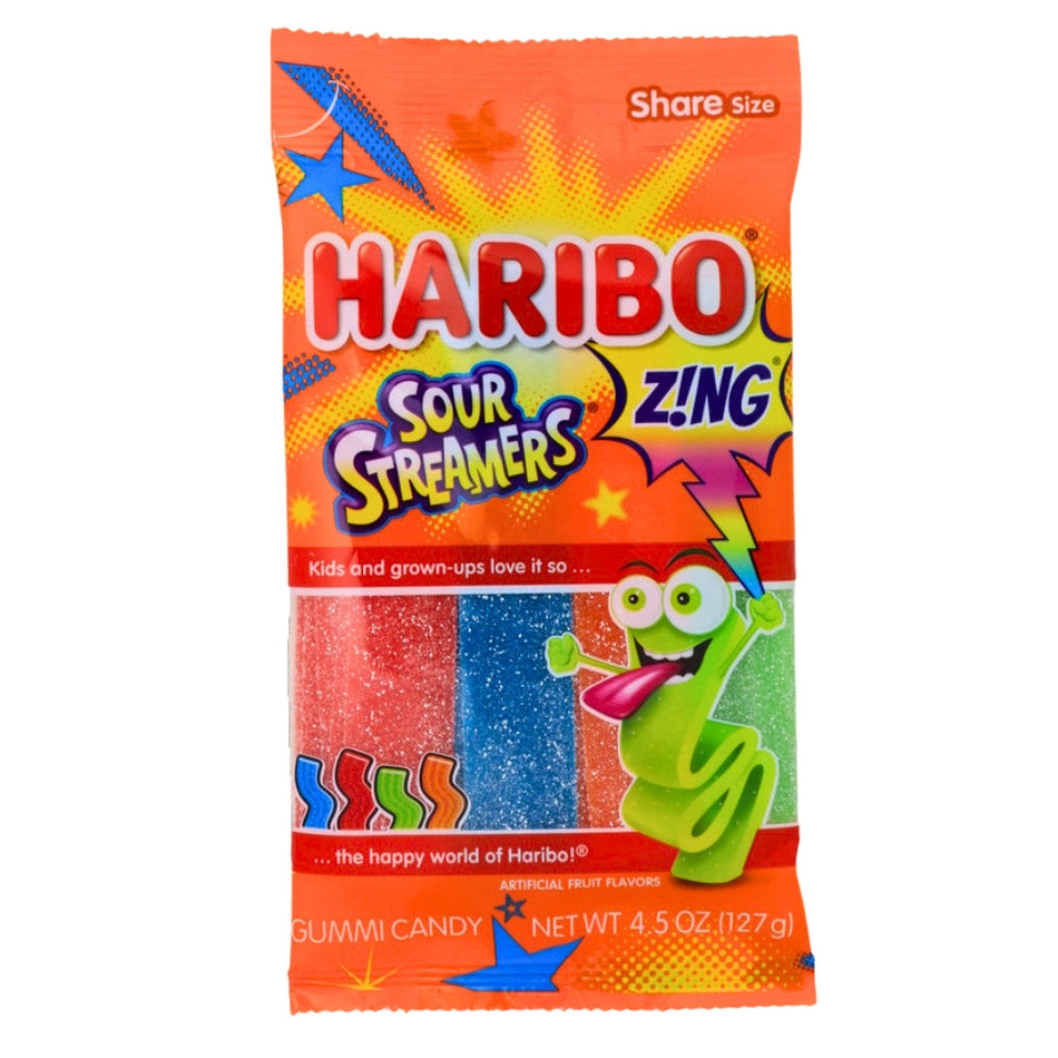Haribo Zing Sour Streamers 4.5 oz. Front, Haribo Zing Sour Streamers, sour candy, fruity goodness, chewy candy, flavor-packed fun, haribo, haribo gummy, haribo gummies, german candy, sour gummy, sour gummies, german gummies, gummies, gummy candy, best gummies
