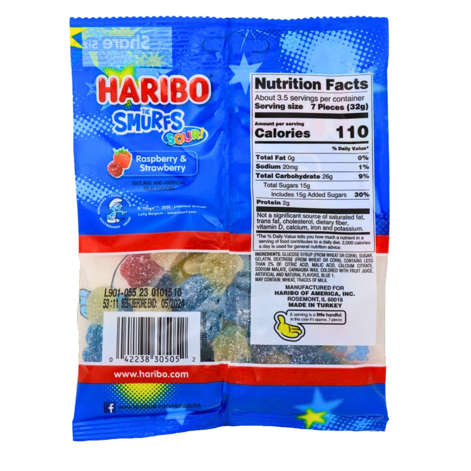 Haribo Smurfs Sour! Gummy Candy 4oz. Back Ingredients Nutrition Facts, Haribo The Smurf Sour Gummies, tangy adventure, pucker up, The Smurfs, sweet and sour flavors, Smurf-shaped gummy, rollercoaster of taste, playful texture, smurftastic gathering, magical moment, tangy surprise, sour adventures