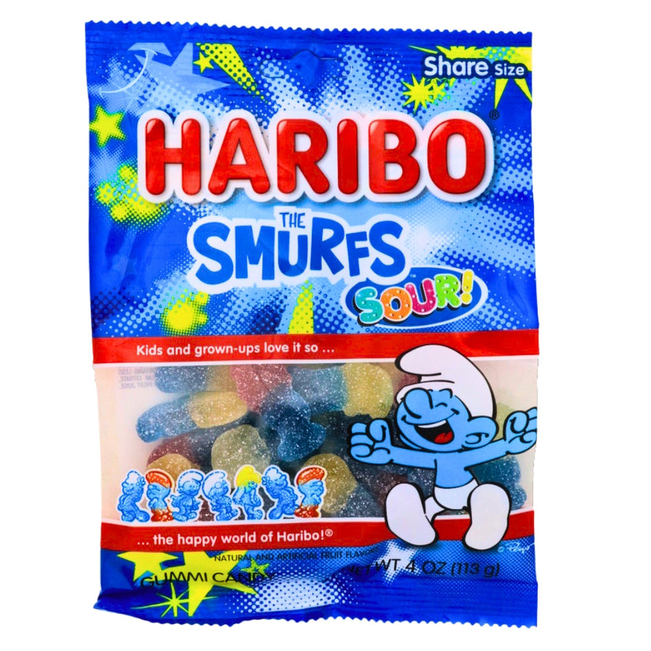 Haribo Smurfs Sour! Gummy Candy 4oz., Haribo The Smurf Sour Gummies, tangy adventure, pucker up, The Smurfs, sweet and sour flavors, Smurf-shaped gummy, rollercoaster of taste, playful texture, smurftastic gathering, magical moment, tangy surprise, sour adventures
