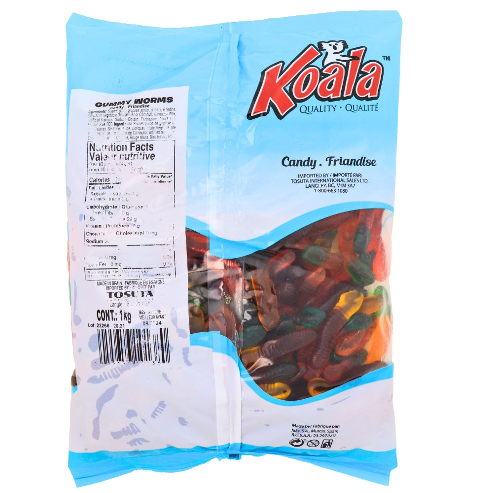 Koala Gummi Worms Candies 1 kg Back Ingredients Nutrition Facts, Koala Gummi Worms Candies, Colorful gummi worms, Fruity flavor excitement, Playful candy treats, Fun and whimsical gummies, Sweeten your day, Bite-sized delights, Flavor dance party, Vibrant candy worms, Snack and share, Twists of fruity fun, Giggly gummi adventure, Whirlwind of flavor, Playful taste experience