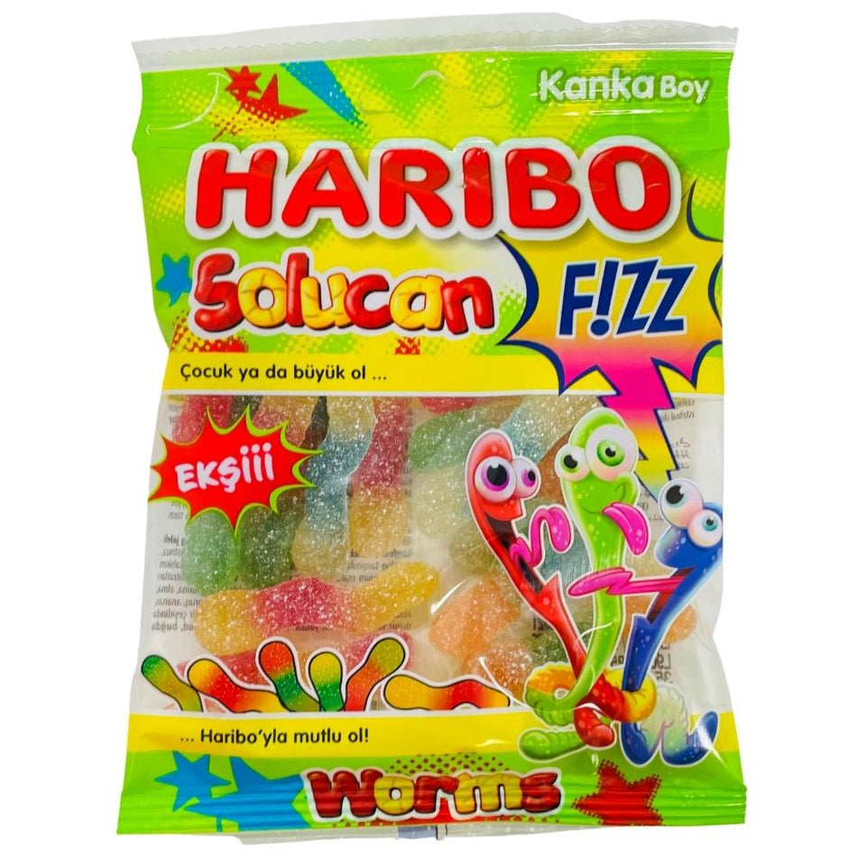 Haribo Halal Solucan Fizz Sour Worms - 70g, Haribo Halal Solucan Fizz Sour Worms, zingy wormy adventure, fizzy sourness, halal-certified candy, sour candy, tangy delight, thrilling flavor experience, sour fun