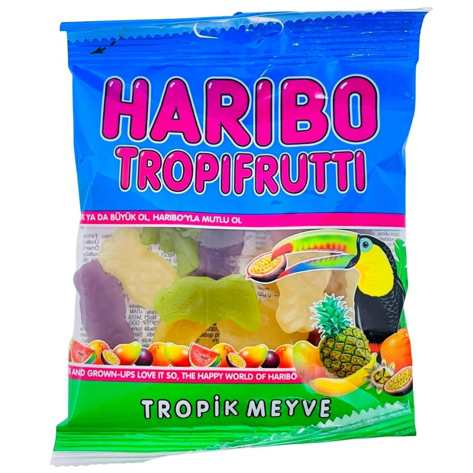 Haribo Halal Tropifrutti - 80g, Haribo Halal Tropifrutti, tropical taste adventure, halal-certified, gummy candies, exotic fruit flavors, juicy, chewy, island paradise, coconut water, ripe mangoes, halal treats, flavor-packed journey, candy lovers