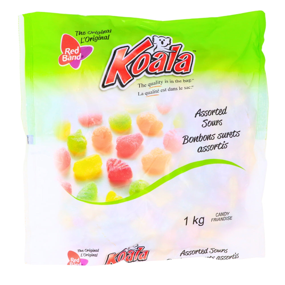 Koala-Red Band Assorted Sours Candiesa 1 kg Front, Koala-Red Band Assorted Sours Candies, Tangy Thrill, Flavor Explosion, Tantalizing Flavors, Whimsical Adventure, Sourlicious Good Time, Playful Shapes