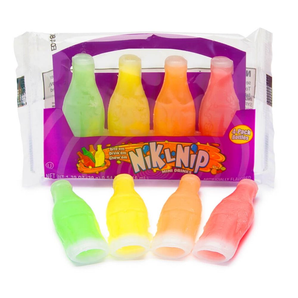 Nik L Nip Wax Bottle Candy 4 Pack, colorful candy, sweet candy, sweet syrup, niklnip candy, wax bottles, wax bottle candy