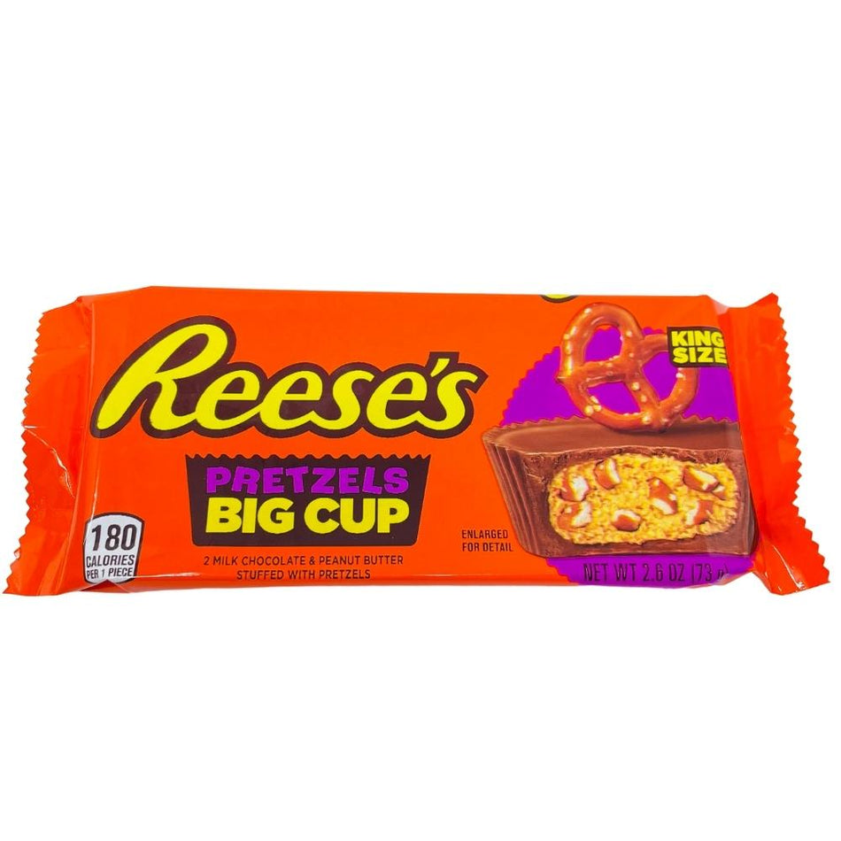 Reeses Big Cup Stuffed with Pretzel King Size 2.6oz Front, Reese's Big Cup, Stuffed with Pretzel, King Size, Whimsical Flavors, Peanut Butter Delight, Milk Chocolate Bliss, Salty Pretzel Crunch, Taste Adventure, Delicious Combination, Sweet and Salty Magic, reeses peanut butter cups, reeses chocolate, reeses cups, reeses peanut cups