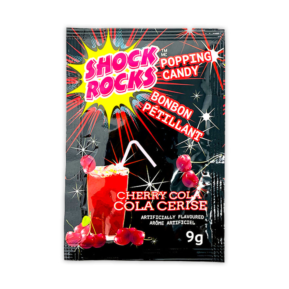 Shock Rocks Popping Candy Cherry Cola 9 g Front, Shock Rocks Popping Candy Cherry Cola, Pop, fizz, cheers to sweet fun, Explosive twist on your favorite fizzy drink, Poppin' magic, burst of cherry and cola, Symphony of flavors, rollercoaster ride of sweetness, Pick-me-up treat, Perfect pop-ortunity to satisfy your cravings, Pour it, pop it, let the sweet fun begin, Enjoy the fizzy, flavorful adventure, shock rocks, popping candy, cherry cola candy