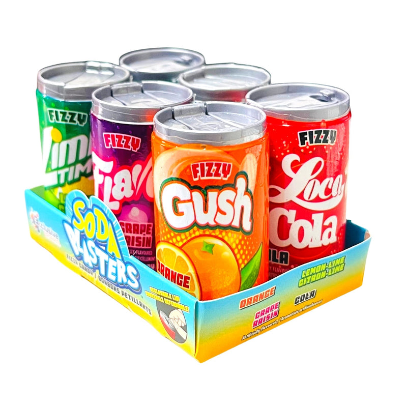 Soda Can Fizzy Candy (6 pack) Front, Soda Can Fizzy Candy, Fizzy candy flavors, Miniature soda cans, Effervescent snacking, Soda-inspired sweets, Pop and fizz candy, Burst of flavor, Whimsical candy, Kid-friendly treats, Soft drink candy, Cola candy, Lemon-lime flavor, Orange soda candy, Satisfying snack, Playful sweets
