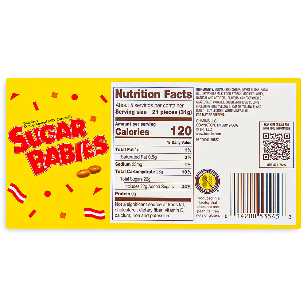Sugar Babies Candy Coated Caramels Theater Pack Back Ingredients Nutrition Facts, sugar babies candy, caramel candy, retro candy, nostalgia candy