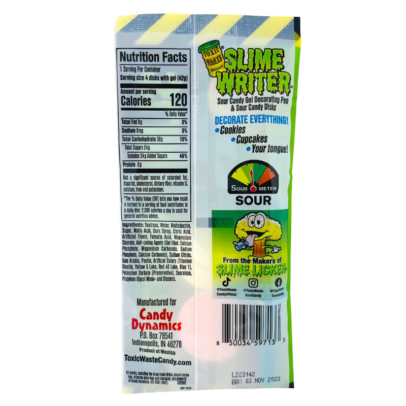 Toxic Waste Slime Writer Gel Decorating Pen Back Ingredients Nutrition Facts, Toxic Waste Slime Writer Gel Decorating Pen, Tangy creativity, Edible art, Flavorful fun, Zesty masterpieces, Creative treats, Tangy twist, Burst of flavor, Sensational sour showcases, Delicious decoration, toxic waste, toxic waste candy, sour candy