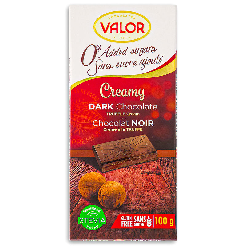 Valor Creamy Dark Chocolate Truffle Cream Sugar Free 100 g Front, Valor chocolate, spanish chocolate, dark chocolate, spanish dark chocolate, truffle chocolate, chocolate truffle